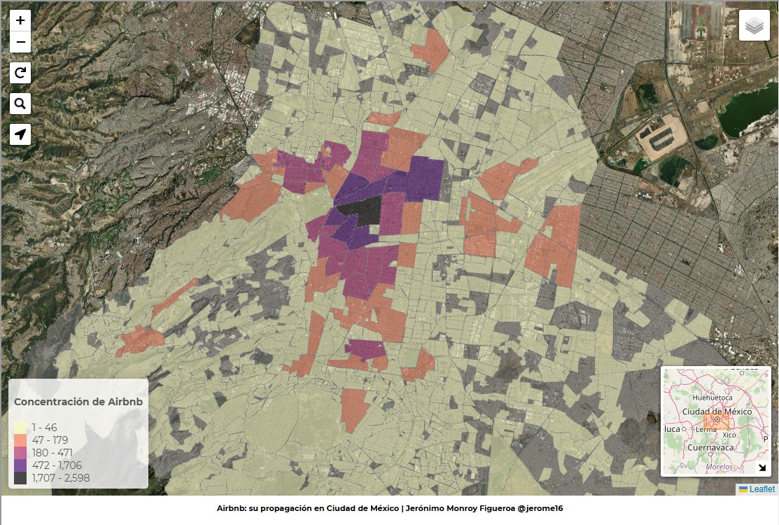 *Descripción: Este mapa de AIRBNB elaborado por Jerónimo Monroy, muestra la concentración de renta de esta plataforma, y nos da también un mapa sobre la gentrificación de la ciudad de México.